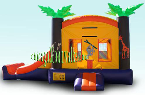 Tropical 3-1 Bounce House Rental Chicago, Great Themed Moonwalk.  Children Party Rental Illinois.  Features a Slide & Basketball Hoop. If you are planning a Luau Party, this will be the finishing touch, that will be the highlight of your Celebration!